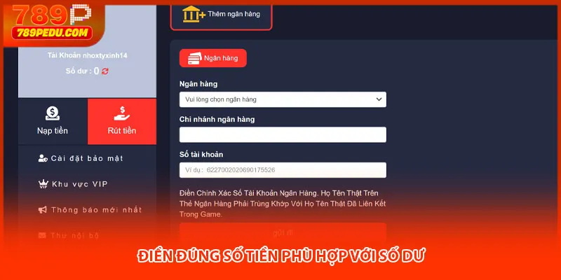 Điền đúng số tiền phù hợp với số dư